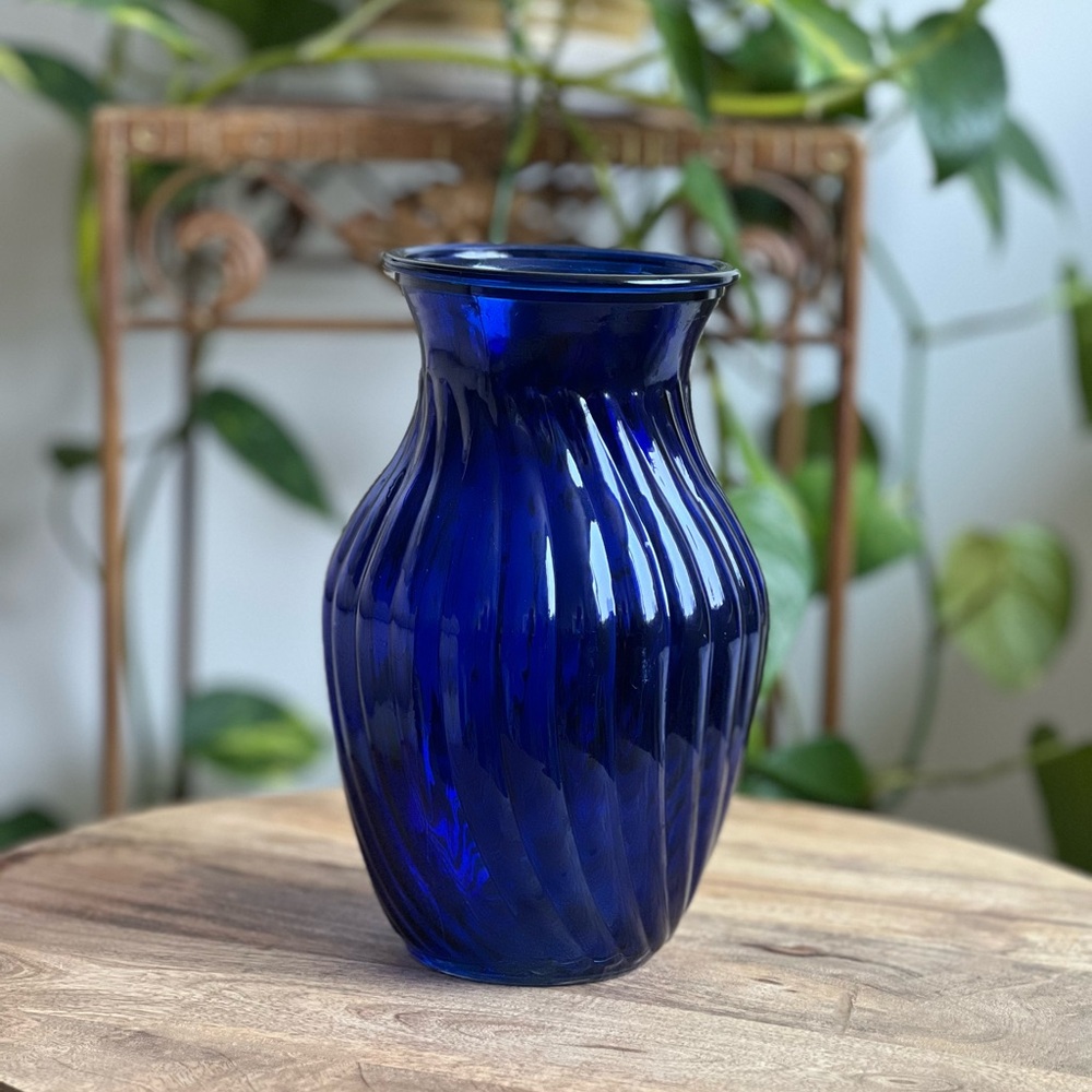 Blue Glass Vase 8” EUC